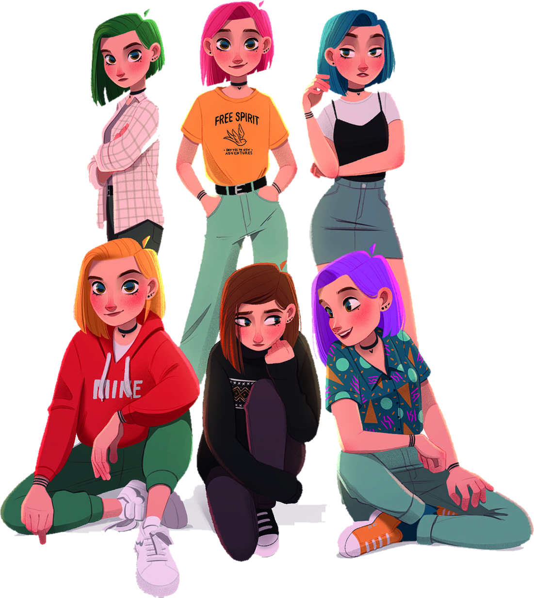 Les six Elles : verte, rose, bleue, blonde, brune et violette
